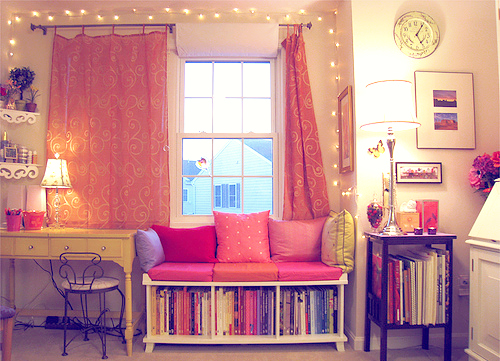 bedroom, books, clock, cute, fairy lights