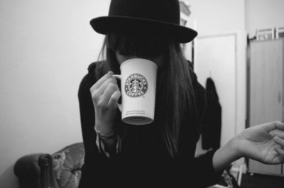 black and white, coffee, girl, hat, hipster