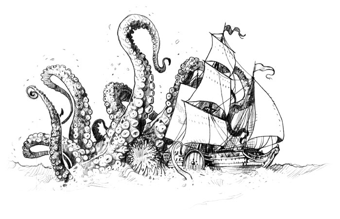 black and white, drawing and kraken