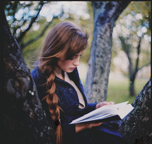 books, girl and nature