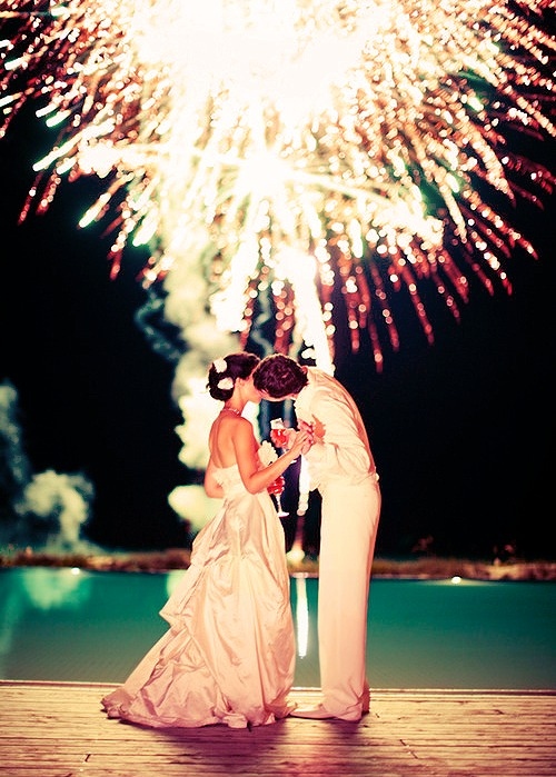 bride, couple and fireworks