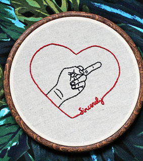 cross stitch, finger and heart