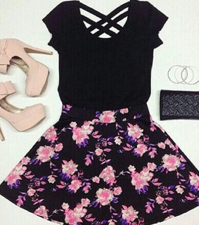 black top, floral skirt and heels