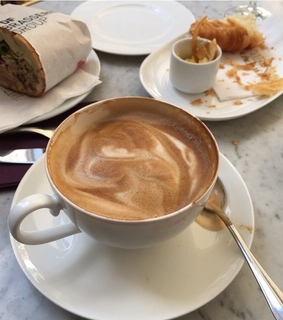 fashion, coffee shop and croissant