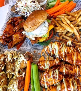 burger, cheese and chicken