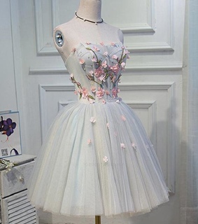 short prom dress, prom dress with appliques and silver homecoming dress