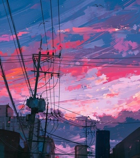 sunset colors, cityscape painting and sunset sky