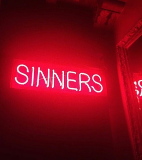 red, neon sign and sin