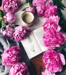 pink peonies, flowers and cup of coffee