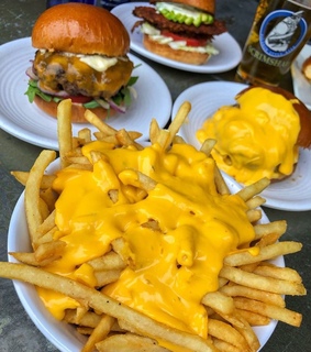 french fries, burger and beef