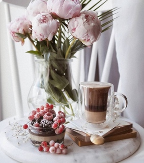 berries, bouquet of flowers and cake