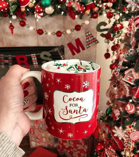 ornaments, hot cocoa and festive