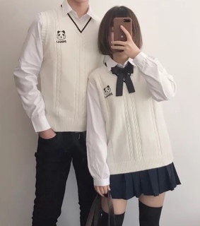 uniform, black skirt and sweater vest