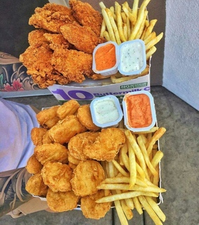 chips, chicken nuggets and food