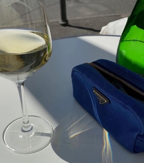 beverage, wine and purse