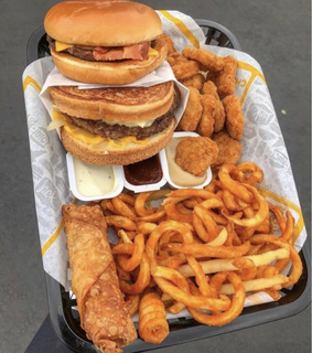 chicken nuggets, egg roll and sauces