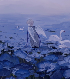 blue flowers, angel and illustration