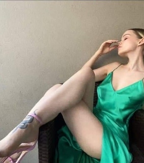 blonde, dove cameron and green silk dress