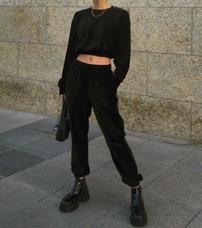 black sweatpants, street style and cropped sweater