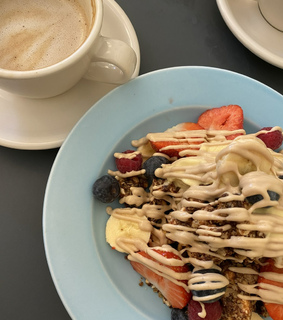 granola, blue and strawberry